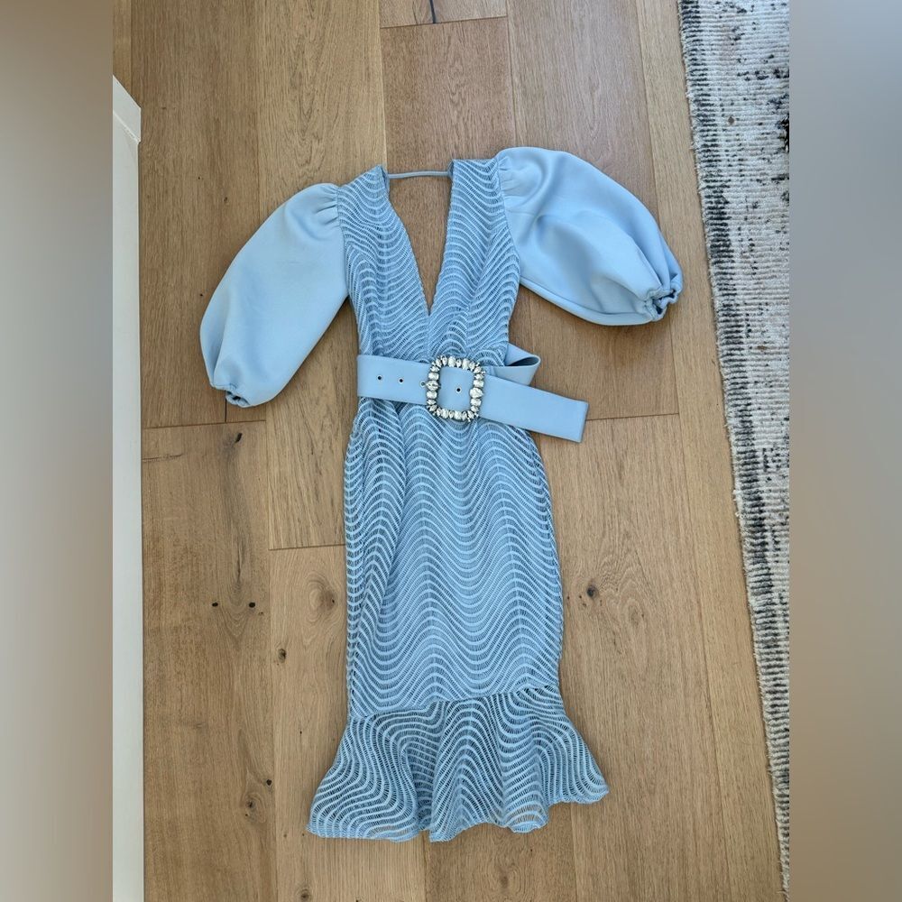 ASOS design Powder Blue lace Midi Dress with Jewel Belt puff sleeve open back